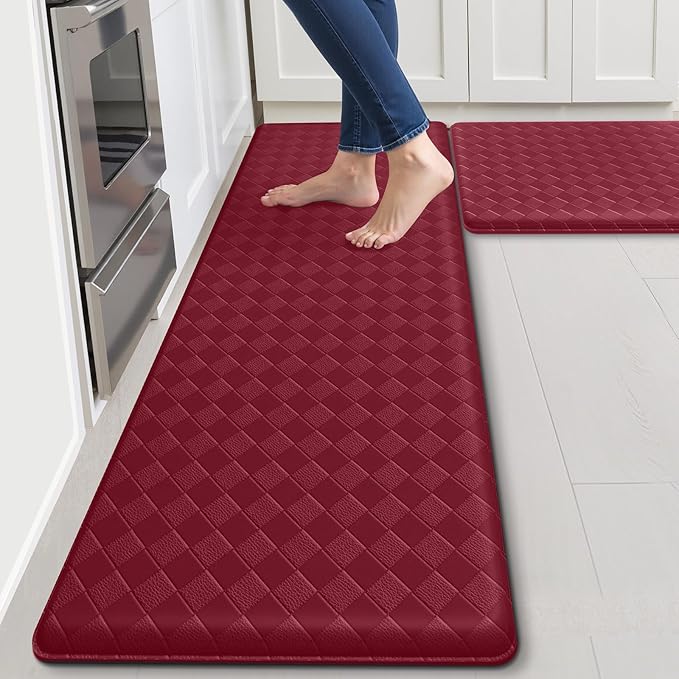Kitchen Mats, 2PCS Kitchen Rugs, Cushioned Anti Fatigue Kitchen Mats for Floor, Non-Slip Standing Desk Mat, Waterproof Kitchen Rug Set for Kitchen Floor Office,17.3"×30"+17.3"×59" Red
