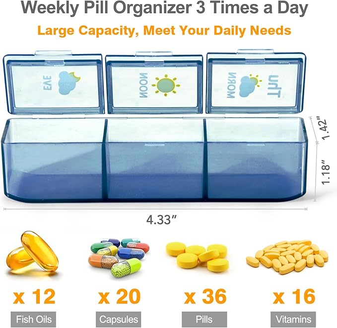 Pill Organizer 3 Times a Day, Daily Pill Box with Morning Noon Night Compartments, Portable Medicine Organizer for Travel, Work & Home (Blue)