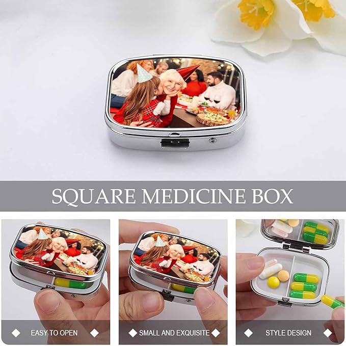 Custom 2 Compartment Pill Box, Personalize It to Add Any of Your Text and Images, Portable Pill Box Storage for Travel, Pocket Or Purse Pill Box Decorative Metal Medication Vitamin Organizer