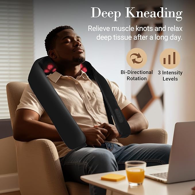 Cordless Neck Massager for Pain Relief Deep Tissue, FSA Eligible HSA Store Upgrade Shoulder and Back Massager with Heat, Skin-Friendly Elastic Fabric & Extended Straps for Larger Body Types