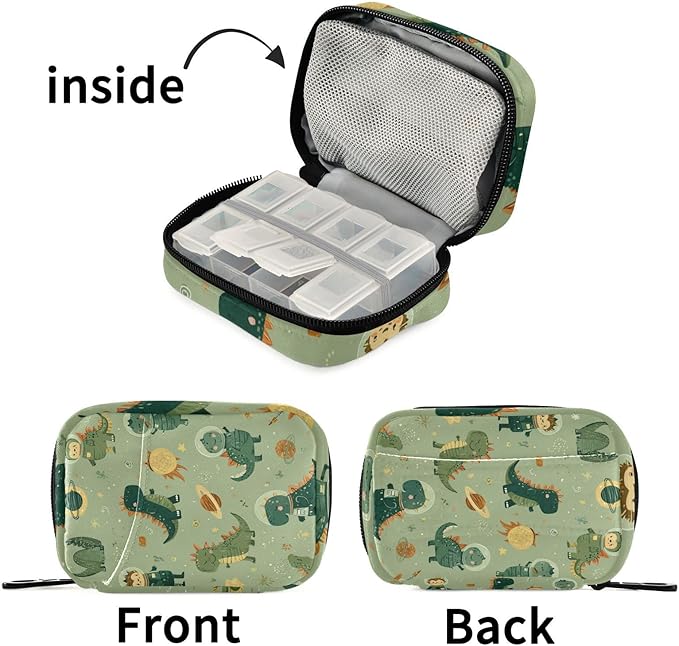 Green Cute Space Dinosaurs Travel Pill Organizer Case Box Container Weekly Portable Vitamin Medicine Holder Storage Bag with Zipper Removable
