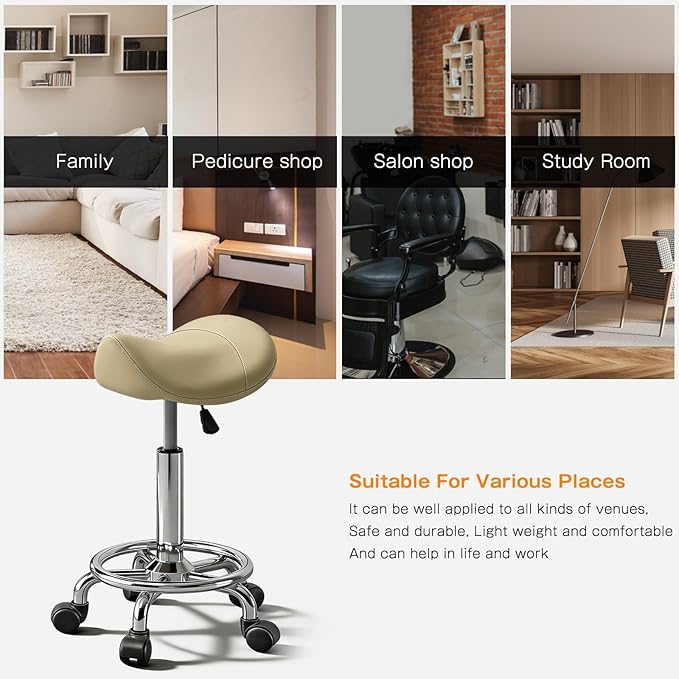 Saddle Stool with Ring Pedal, Adjustable Hydraulic Rolling Chair with Wheels for Medical, Massage, Salon, Spa, Kitchen, and Drafting Use