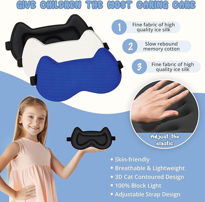 Kids Sleep Mask Eye Mask: 3D Contoured Cup Sleeping Masks, Blindfold with Adjustable Strap, Kids Eye Cover for Boys, Girls, Teens, Pressure-Free with Memory Foam Face Mask for Sleeping (Royal Blue)