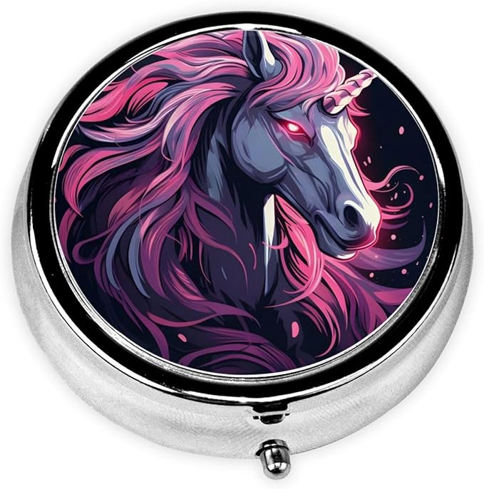 Evil Unicorn Pattern Pill Box 3 Compartment Pill Case, Portable Medicine Pill Organizer for Pocket Purse Pill Box Decorative Metal Medicine Vitamin Organizer