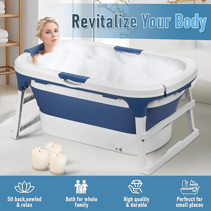 Portable Bathtub, 58/56/50/46 Inch Collapsible Bathtub, Freestanding Foldable for Adults, Folding Tub for Shower, Hot Bath, Ice Bath (Blue-C-140cm)