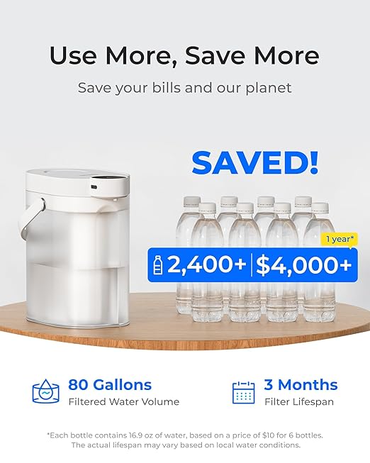 Waterdrop Rechargeable Water Filter Dispenser, 5-Stage Long-Life Instant Electric Powerful Pitcher, Reduce 70+ Contaminants, Soften Water, 15-Cup Countertop Water Filtration System, NOT Reduce TDS