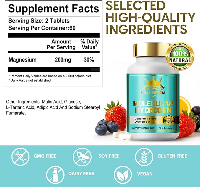 Hydrogen Water Tablets with Magnesium, H2 Molecular Hydrogen Tablets for Brain Health & Cognitive Support Instant Water, Non-GMO, Vegan, Gluten Free-120 Count