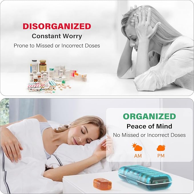 Weekly Pill Organizer 2 Times a Day, Moisture-Proof, Detachable Compartments, AM PM Pill Box 2X 7 Day, Travel Pill Organizer for Pills/Fish Oil/Medication/Vitamin/Supplements (Blue + Colorful)