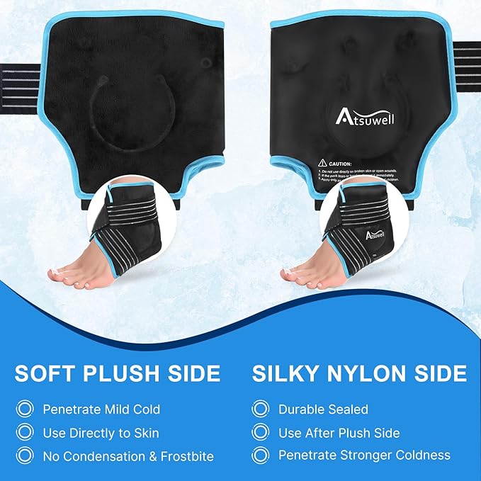 Atsuwell Ankle Ice Pack Wrap, Reusable Gel Ice Pack for Foot Ankle Heel, Foot Ice Wrap with Soft Plush Lining, Cold Compress Therapy for Soothing Discomfort, Black