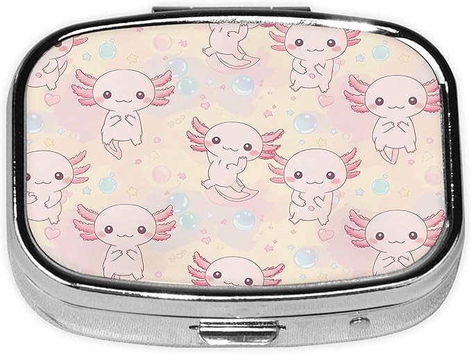 Pill Box-2 Compartment Small Pill Case Square Organizer Case with Mirror Portable Metal Medicine Box Travel Container for Pocket & Purse Women Men（Cute Axolotl）