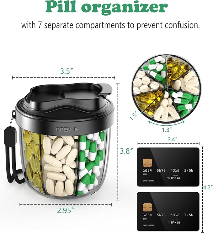 Pill Organizer with 7 Compartments, Pill Box Case for Holding 7 Different Vitamins, Anti-Mix Design for Easy Medication Retrieval. Travel Pill Organizer with 20 Labels. Pill Container (Black)