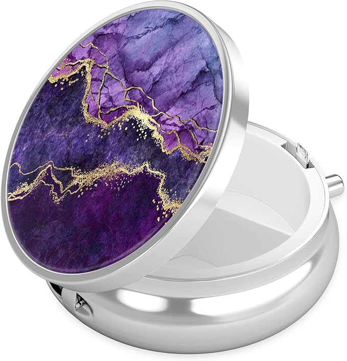 Purple Gold Marble Pill Case, Pill Box 3 Compartments Metal Small Pill Holder with Mirror Mini Travel Pill Container for Purse Pocket Women Men