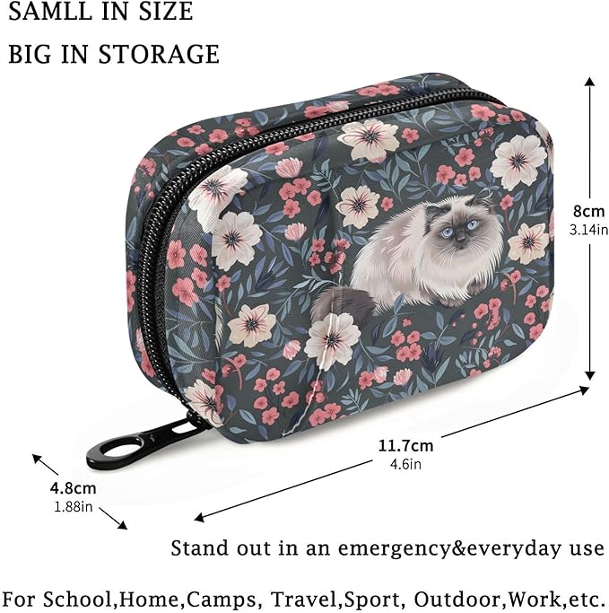 Fustylead Fluffy Cute Birman Cat and Blooming Flower Pill Organizer and Storage Weekly with Zipper, Removable Pill Box Portable Medicine Organizer for Vitamin Fish Oil Supplement