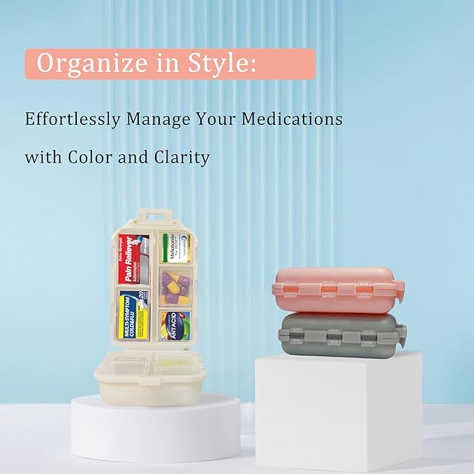 Pill Organizer with Medicine Labels 146 Labels Travel Daily Pill Container Mini Medication Organizer Storage Pill Organizer Travel Essentials Pill Case 7 Day (Beige, 1 Pack(Large))