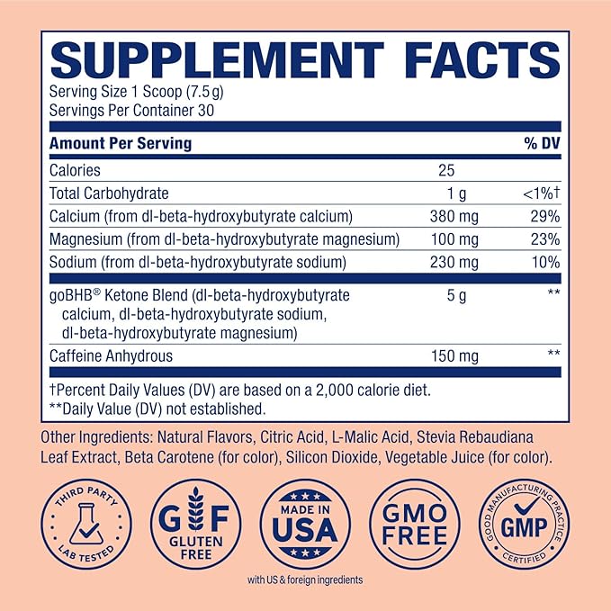 Real Ketones BHB Exogenous Ketones Energy Powder Sugar Free Electrolyte Powder with 4 Main Fasting Electrolytes & Hydrating Patented BHB Ketones for Energy & Focus (Peach, 30 Servings)