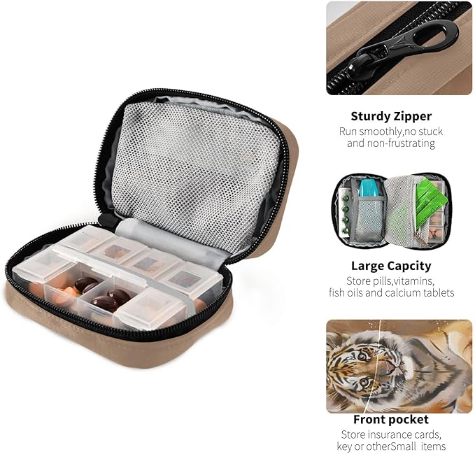 Tiger Travel Pill Organizer with Compartments Lightweight Medicine Storage Bag with Zipper Pocket for Purse Travel Home Use