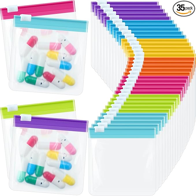 Sherr 35 Pcs Pill Pouch Bags Zippered Pill Pouch Set Reusable Translucent Medicine Organizer Self Sealing Medicine Organizer Travel Plastic Bags with Slide Lock for Storage(Bright,Bright Colors)