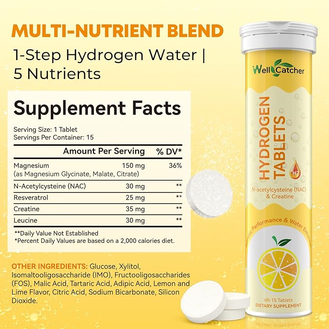 Hydrogen Tablets for Drinking Water: Molecular Hydrogen Tabs 12.4PPM with Magnesium NAC Creatine Supports Antioxidants Cellular Health Recovery Cognitive Function Vegan Organic Lemon Flavor