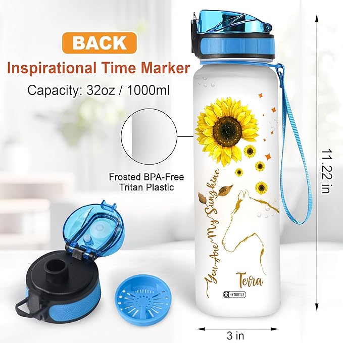 Hyturtle Personalized You Are My Sunshine Horse Sunflower 32oz Liter Motivational Water Bottle, Customized Name Tracking Water Bottle Gifts For Women Horse Lover Sunflower Lover On Birthday