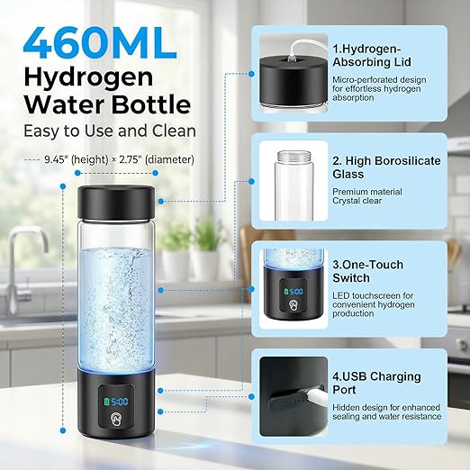 Hydrogen Water Bottle Generator with Display - 5-Min 3000PPB+ Nano Bubble H2 Infusion - pH7.8 Alkaline Water, 460ml Leak-Proof Design with Type-C Charging, Suitable for Fitness, Outdoor and Office Use