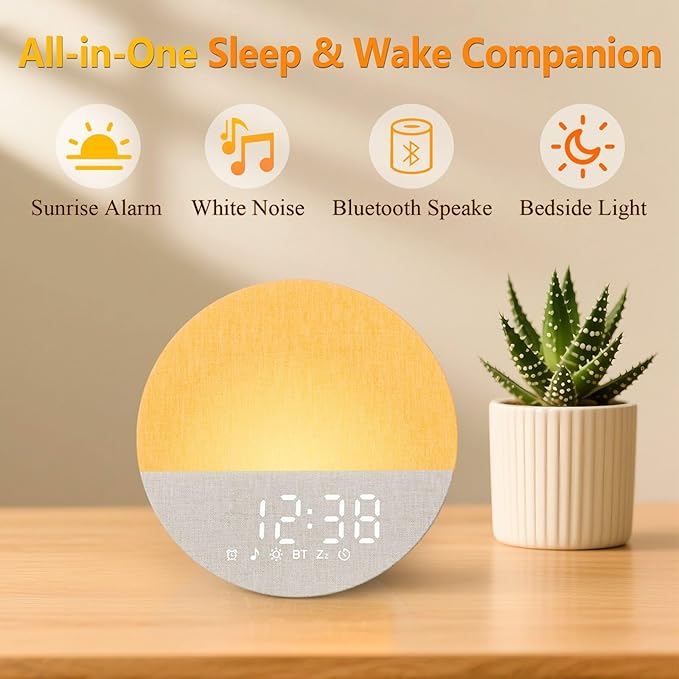 Sunrise Alarm Clock for Morning Wake-Up: White Noise Machine with 30 Soothing Sounds 9 Colors Light for Bedroom - Gentle Gradual Wake Up Light for Heavy Sleepers Adjustable Brightness Volume - Beige