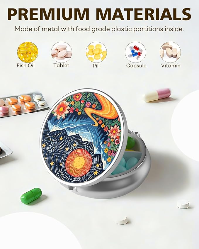 LRITER Pill Case, Portable Travel Pill Box, Pillbox Organizer, Cute Small Medicine Storage Container, Purse Accessories for Women, Men (Sunrise)