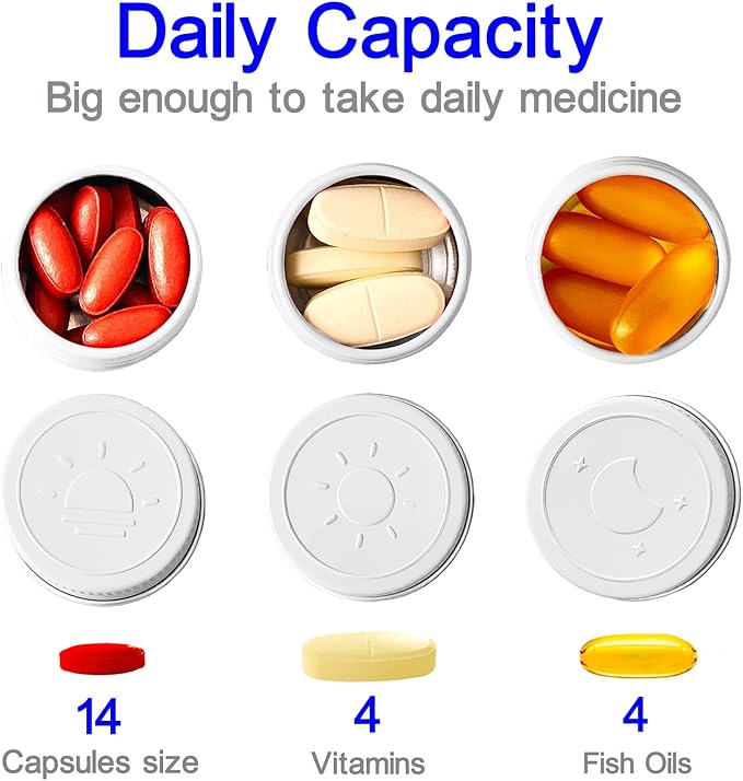 Extra Small Single Pill Box for Purse (3 Pack), Aluminum Screw Top Pill Container, 3 Times a Day Portable Waterproof Single Pill Case for Vitamins, Fish Oils, Supplements (White)