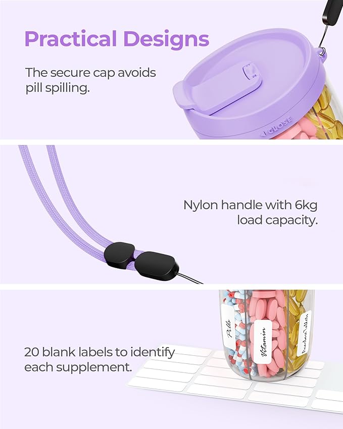 Large Pill Dispenser with 6 Compartments, Anti-Mix Pill Bottle Organizer with Wide Opening & Easy Retrieval, Vitamin Organizer for Travel, BPA-Free Pill Box with a Strap, Purple