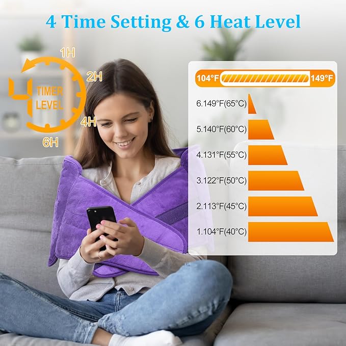 Heating Pad Back Pain Relief Electric Heating Pad for Period Cramps Lower Back Neck Shoulders Pain Relief 6-Hour Auto Off 12x24 Heated Pad + 20" Belt 4 Timer 6 Heat Level Wrap (Purple)