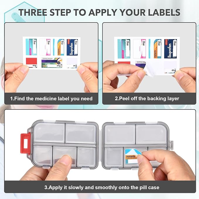 Travel Pill Organizer with 189 Medicine Labels, 10 Compartments Small Pill Case Compact and Portable Travel Pill Box for Airplane Car Purse Nurse Vacation Essentials (Gray, 1 Pack)