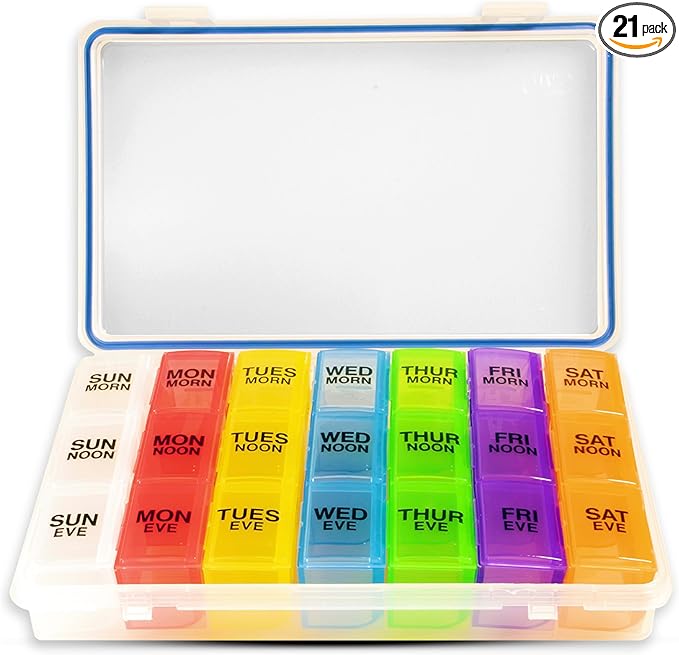 GMS 7-Day 3-Times-a-Day Pill Organizer - With Daily Removable Medication Containers, Suitable for Vitamin & Medicine Use - Secure, Sturdy, Waterproof Weekly Tablet Organizer, Ideal Pill Box for Travel