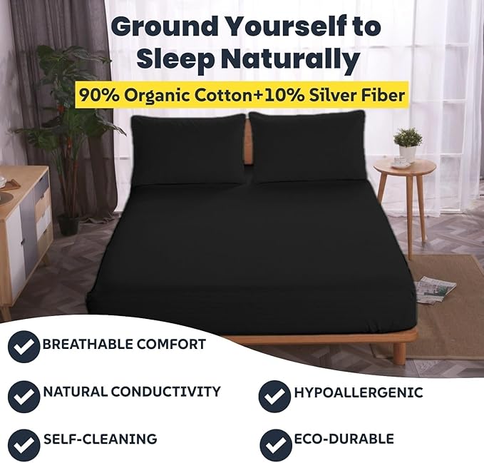 OKOHEY Grounding Fitted Sheets with 15ft Earthing Cord, Queen Size, 90% Organic Cotton + 10% Silver Fiber, Soft & Breathable Grounded Sheet for Better Sleep and Enhanced Wellness, Black