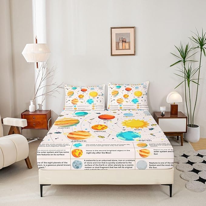 Feelyou Solar System Fitted Sheet Queen, Outer Space Bedding Set Educational Bed Sheet Set for Kids Planet Solar System Bed Cover Lightweight Bed Set (No Flat Sheet)