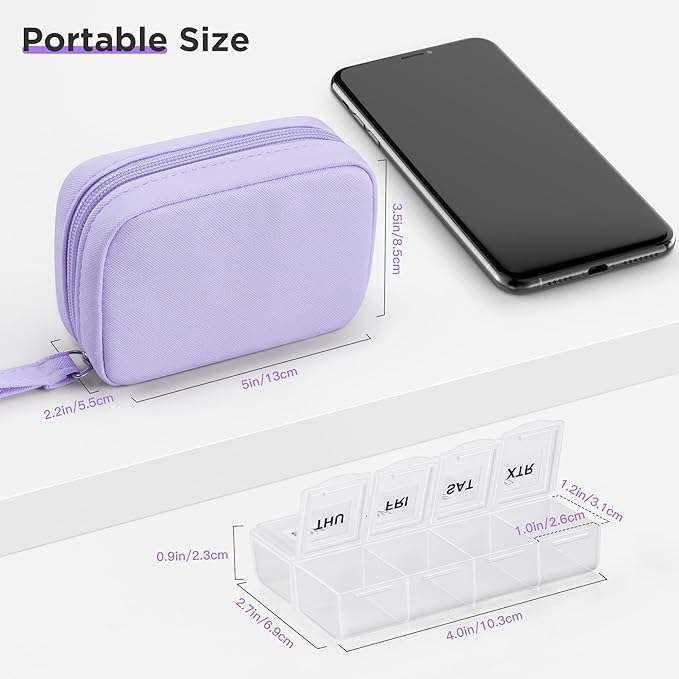 Zannaki Cute Pill Organizer for Purse with Two Removable 7-Day Pill Box, Travel PU Leather Pill Case, Portable Weekly Pill Container with Storage Bag to Hold Vitamins, Fish Oils, Supplements (Purple)