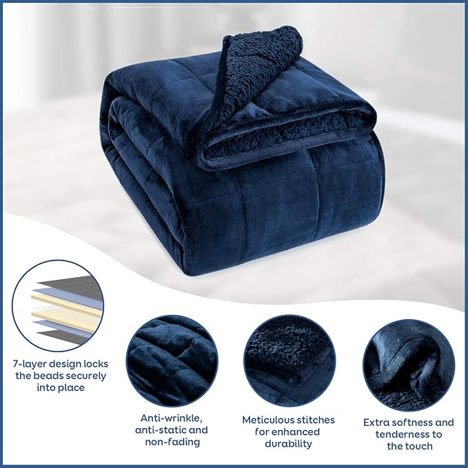 Cottonblue Sherpa Fleece Weighted Blanket 15 lbs for Adults, Warm Flannel Cozy Plush Bed Weighted Throw Blankets,Soft Fuzzy Winter Heavy Blankets Full Twin Size 48 x 72 inches for Sofa, Navy Blue