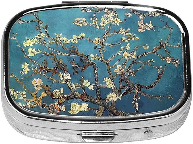 ABLESKY Pill Box, 2 Compartment Pill Organizer Case for Pocket or Purse, Small Portable Metal Travel Medicine Box with Mirror, Daily Vitamins Fish Oil Container-Almond Blossoms