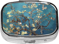 ABLESKY Pill Box, 2 Compartment Pill Organizer Case for Pocket or Purse, Small Portable Metal Travel Medicine Box with Mirror, Daily Vitamins Fish Oil Container-Almond Blossoms