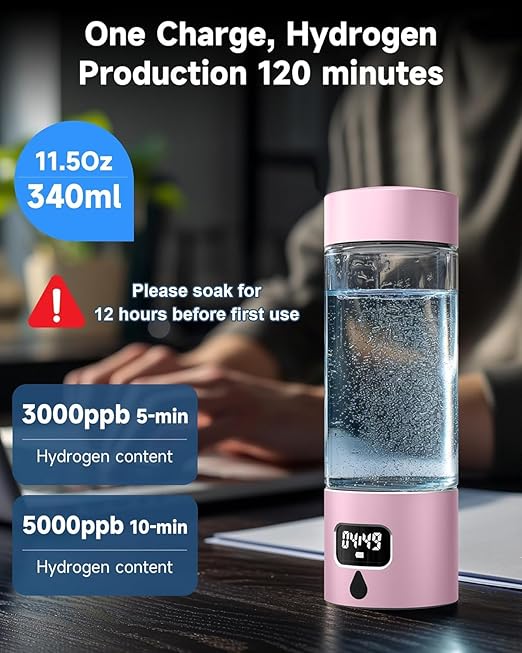 Hydrogen Water Bottle - Portable Rechargeable Water Bottle with LED Timer, Aluminum and Glass, 5000 PPB Hydrogen Production, Gift for Husband Wife Father Friend Client (Pink, 11.6Oz)