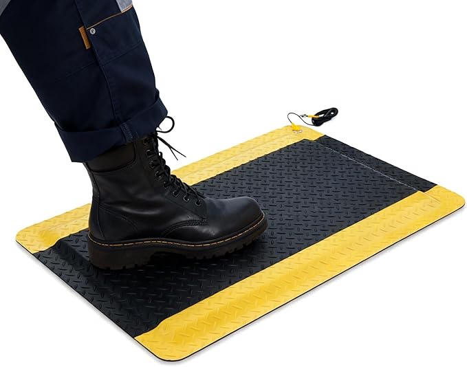 1 Pcs 2'x3' Anti Fatigue Mat Industrial, ESD Conductive Pad with Ground Wire, Heavy Duty Ergonomic Standing Floor Mat for Commercial Work, Shop Stand, Thick 3/4" Black with Yellow Border