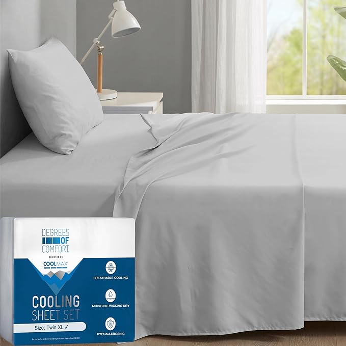 Degrees of Comfort Coolmax® Cooling Bed Sheets Twin XL Size for Hot Sleepers, Moisture Wicking Sheet Set for Night Sweats, Deep Pocket, Ultra Soft, Cozy for All Seasons, Light Grey 3 Pieces