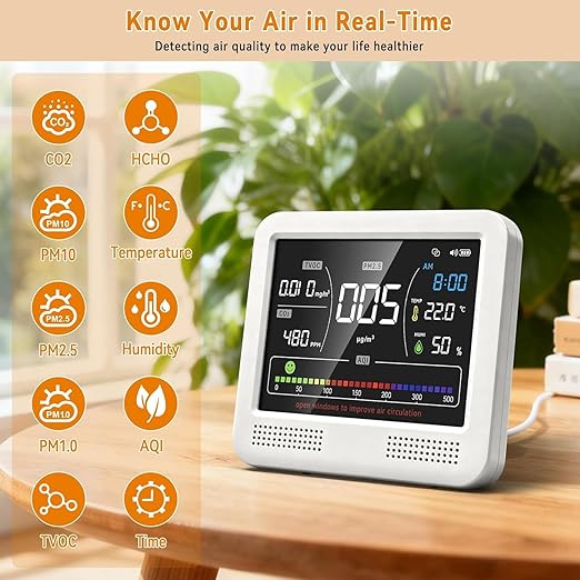 Indoor Air Quality Monitor 16-in-1 with CO2 Detector, PM2.5P, PM10, M1.0, HCHO & TVOC – Portable Air Quality Tester with AQI Alerts, Temperature & Humidity Meter Kit for Home Office Nursery RV