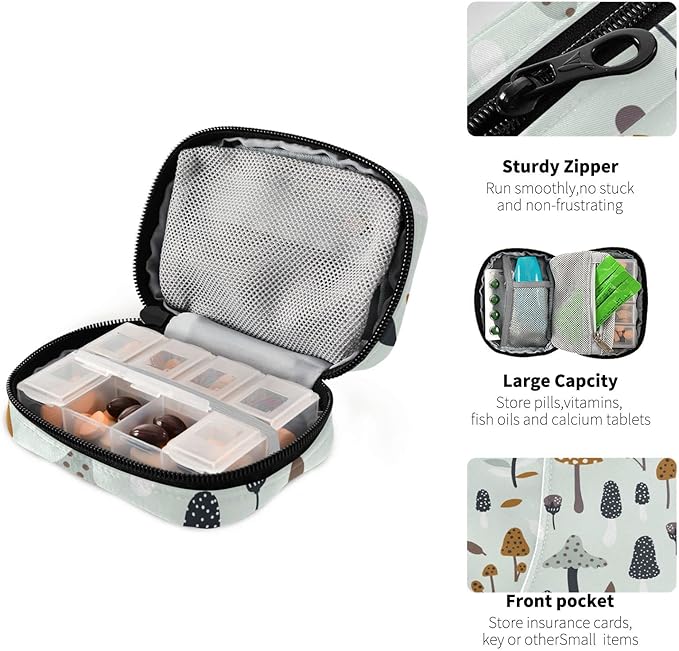 Pill Box Mushroom Autumn Forest Jungle 7 Day Pill Case Travel Pill Organizer Bag with Zipper Portable Weekly Vitamin Medicine Supplement Holder Pouch Bag