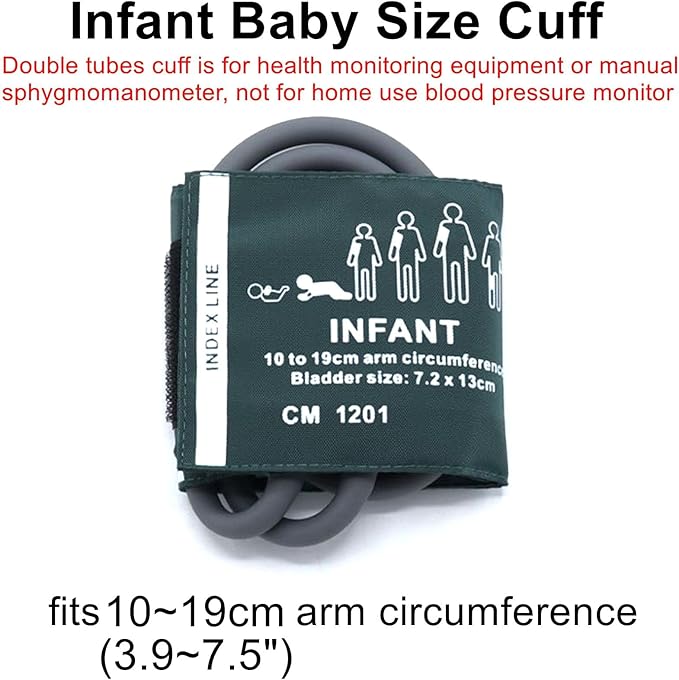 Blood Pressure Nylon Cuff with Dual Tubes + BP 12 Connectors for Infant 10-19 cm, Reusable Replacement NIBP Cuff with Inner Airbag for Monitor Machine