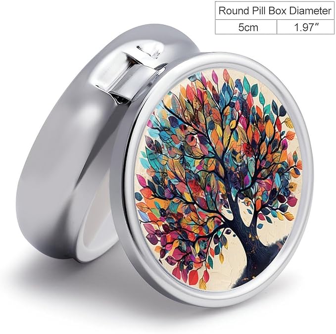 Pill Box-3 Compartment Small Pill Case, Portable Round Pill Box for Pocket or Purse, Decorative Metal Medicine Vitamin Organizer. (Tree)