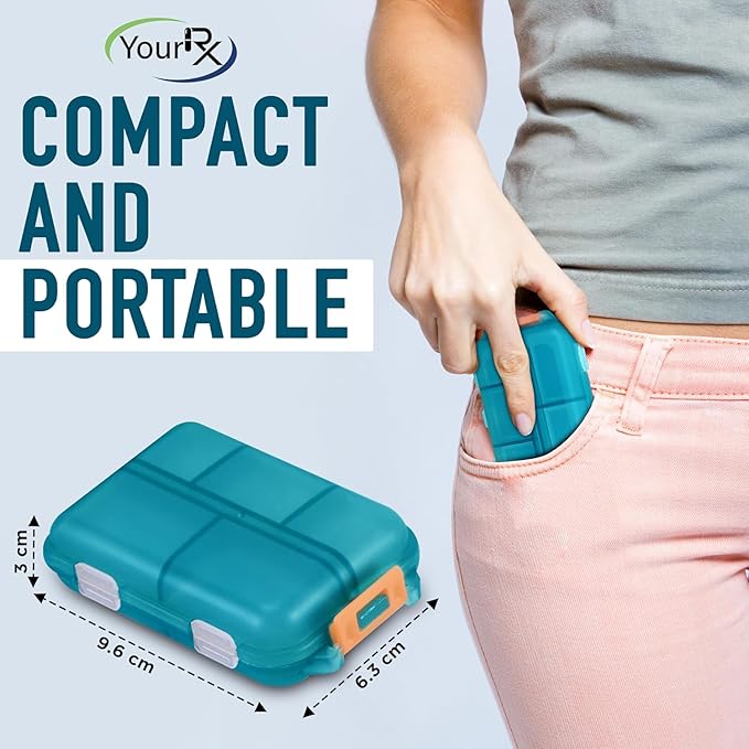 Travel Pill Box – Travel Pill Organizer – Compact Portable Pill Case with 10 Compartments – Pill Case for Purse, Pocket – Durable Daily Pill Organizer for Vitamins, Supplements (Peacock)