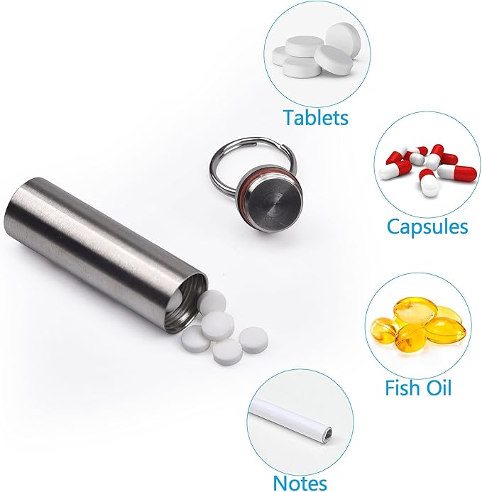 aiGear Stainless Steel Mini Pill Case Inner Diameter 0.48 Inch with Necklace Light Weight Pill Holder Waterproof Small Keychain Pill Box for EDC Outdoor Hiking Camping Travel First Aid