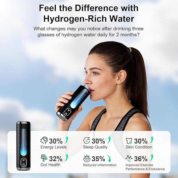 Portable Hydrogen Water Bottle Generator - Up to 6000 PPB H2 Molecular Hydrogen Infusion, SPE/PEM Technology Rechargeable Hydrogen Water Machine for Sports/Travel/Office/Gym - 8.8 oz (Dark)