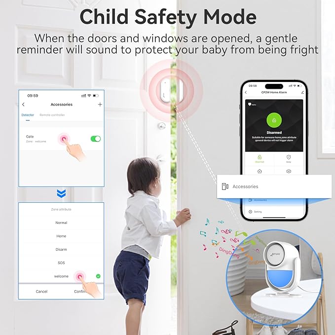CPVAN WiFi Motion Sensor Alarm, 125dB Wireless DIY Smart PIR Motion Detector with 6 Door/Window Sensors for Home Security System - On Spot Alarm & APP Alert, White