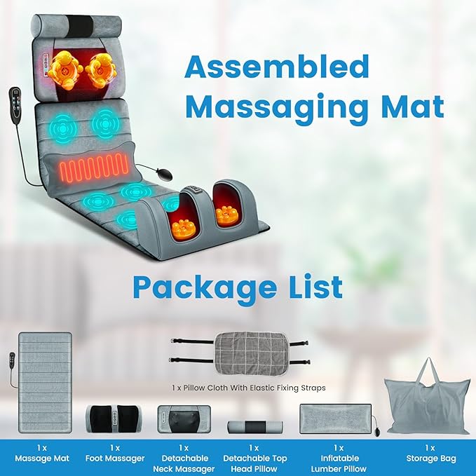 Moclever Full Body Massage Mat with Heat – Vibration Massage Pad for Back, Neck, Foot & Lumbar Support – Foldable Cushion Mattress with Timer & Adjustable Intensity for Home or Office Use