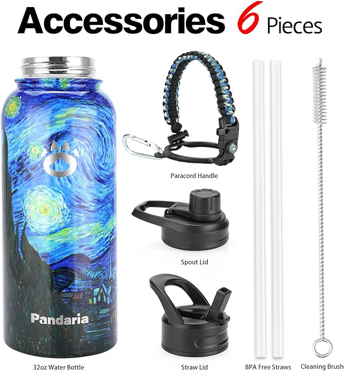 Insulated Water Bottle 32oz, Stainless Steel Water Bottle with Straw & Spout Lids & Paracord Handle | with Straw, Spout Lids, Paracord Handle